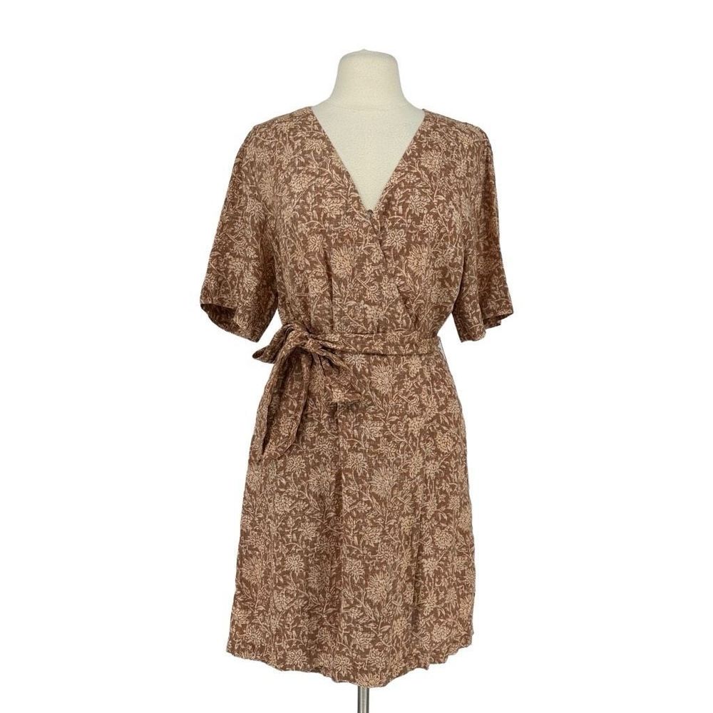Faherty Tan Brown Floral Wrap Mini Dress